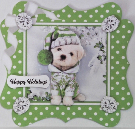 Cute pooch in green polkadot 7x7 frame with bow by Hazel Underwood