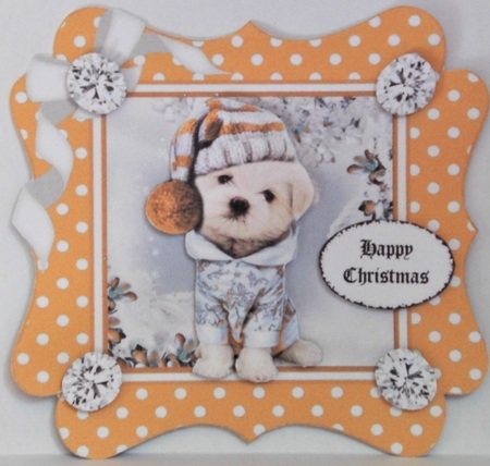 Cute pooch in gold polkadot 7x7 frame with bow by Hazel Underwood