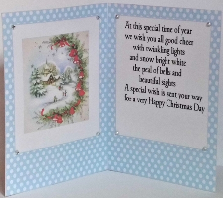Pretty christmas scene in A5 card front/insert with blue polkadot by Hazel Underwood