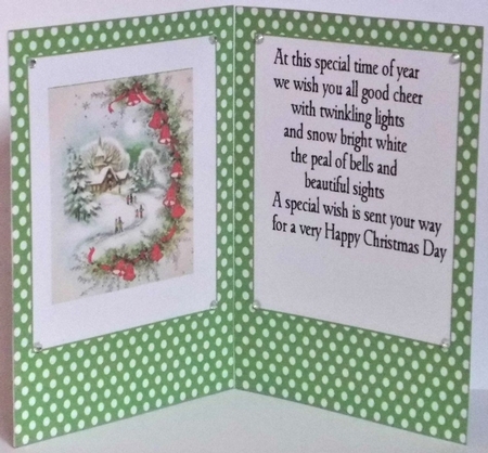 Pretty christmas scene in A5 card front/insert with green polkadot by Hazel Underwood