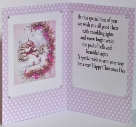 Pretty christmas scene in A5 card front/insert with lilac polkadot by Hazel Underwood