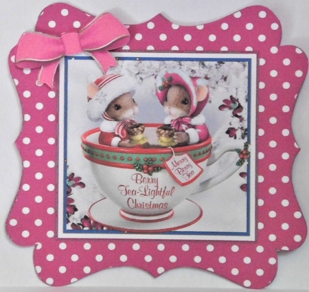 Cute christmas mice in a teacup, in pink polkadot frame by Hazel Underwood