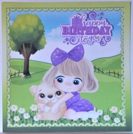 cute little girl in purple with teddy in the meadow 8x8 by Hazel Underwood