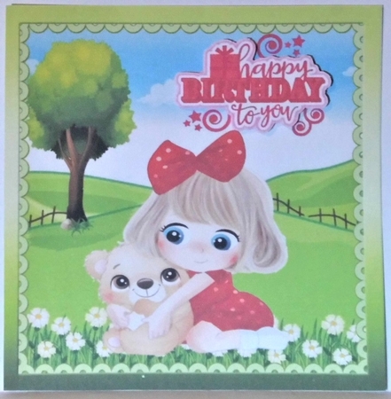 cute little girl in red with teddy in the meadow 8x8 by Hazel Underwood