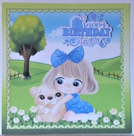 cute little girl in blue with teddy in the meadow 8x8 by Hazel Underwood