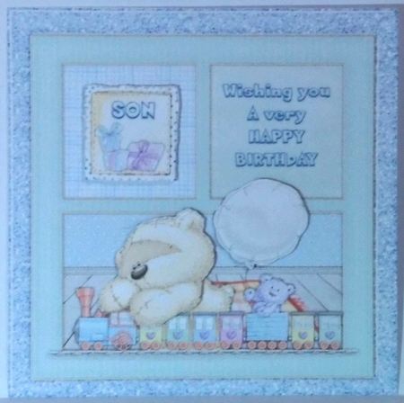300dpi, 6x6in Topper, Bear with train- Birthday Son, Nephew, Grandson, Brother by Hazel Underwood