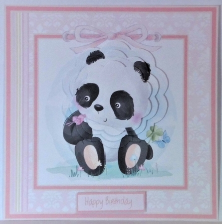 Panda playing with butterfly 7x7 card by Hazel Underwood