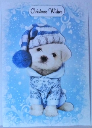 Cute puppy in blue christmas knitted hat A5 by Hazel Underwood