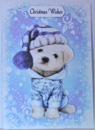 Cute puppy in purple christmas knitted hat A5 by Hazel Underwood