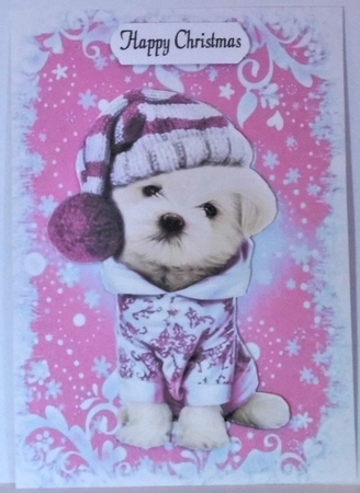 Cute puppy in pink christmas knitted hat A5 by Hazel Underwood