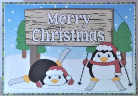 Christmas Fat Penguins Skiing with sign CHRISTMAS a5 by Hazel Underwood
