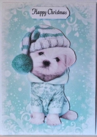  4 Cute puppies in christmas knitted hat A5 card fronts mini kit by Hazel Underwood
