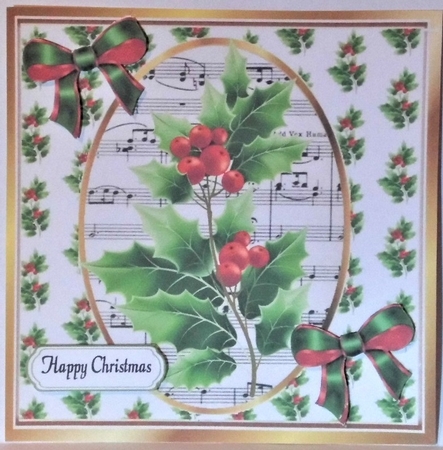  Christmas topper of holly and red berries with music and bows 8x8 by Hazel Underwood