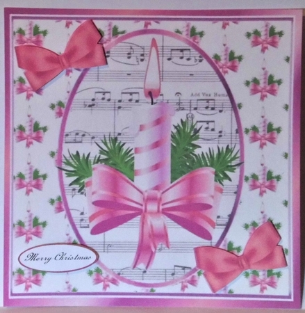 Christmas topper of candle & pink  bow with music and bows 8x8 by Hazel Underwood