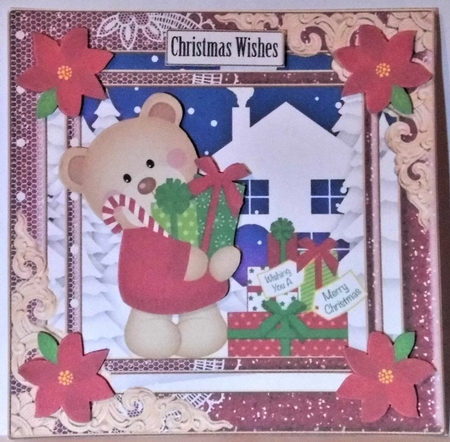 Bear with Christmas presents card front by Hazel Underwood