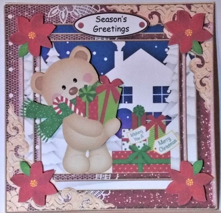 Bear with Christmas presents card front 2 by Hazel Underwood