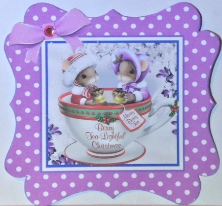 4 christmas mice in teacups, in polkadot frames card fronts mini kit (set 2) by Hazel Underwood