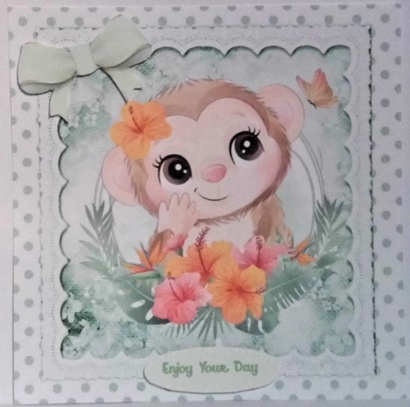 Cute monkey with pretty flowers in polkadot frame with mint bows 8x8 by Hazel Underwood