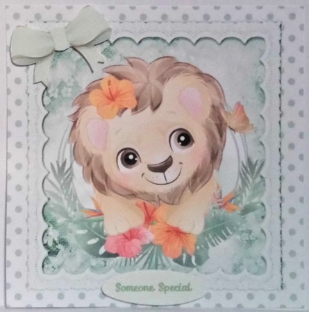 Cute lion with pretty flowers in polkadot frame with mint bows 8x8 by Hazel Underwood