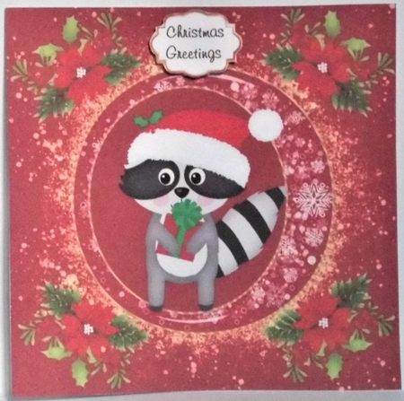 3 Red and gold Christmas raccoon card fronts/toppers by Hazel Underwood