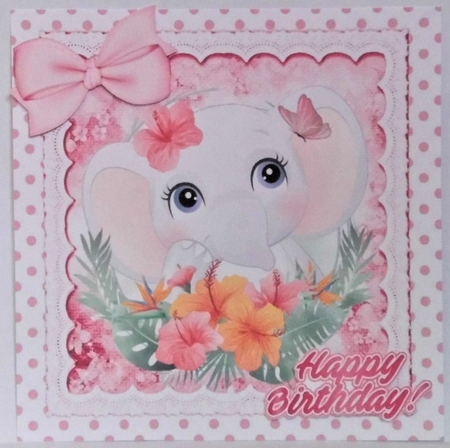 Cute ele with pretty flowers in polkadot frame with pink bows 8x8 by Hazel Underwood