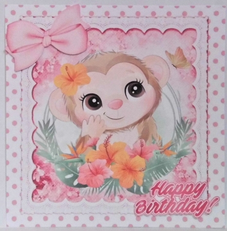 Cute monkey with pretty flowers in polkadot frame with pink bows 8x8 by Hazel Underwood