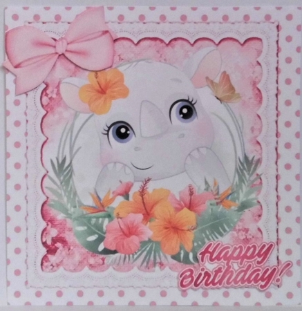 Cute Rhino with pretty flowers in polkadot frame with pink bows 8x8 by Hazel Underwood