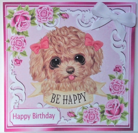 Sweet puppy with bows and pink roses 8x8 by Hazel Underwood