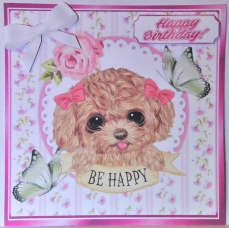 Sweet puppy with bows, pink rose & green butterflies 8x8 by Hazel Underwood