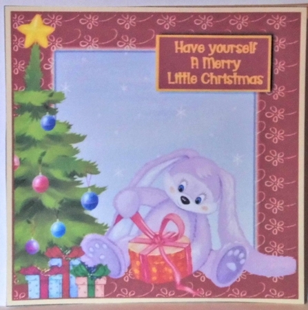 Christmas Purple Bunny, 7x7 decoupage, quick card by Hazel Underwood