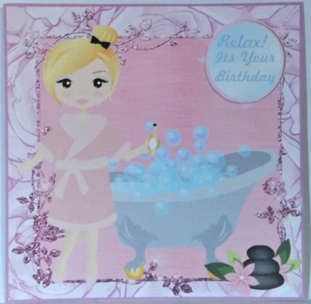 Pink pamper Birthday card front by Hazel Underwood