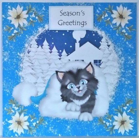 3 Blue Christmas cat in a hat card fronts/toppers by Hazel Underwood