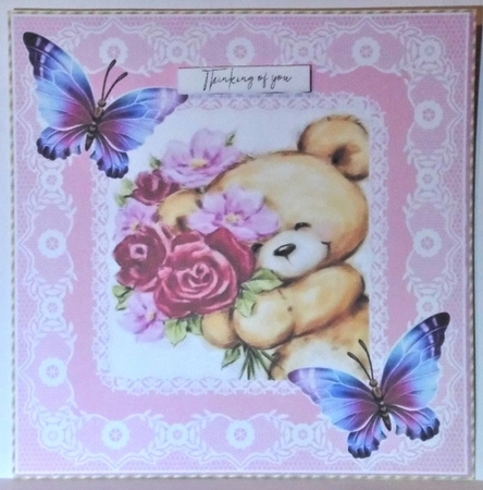 Cute bear with flowers in pink lace 8x8 frame by Hazel Underwood