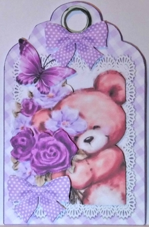 cute bear on purple gingham tag by Hazel Underwood
