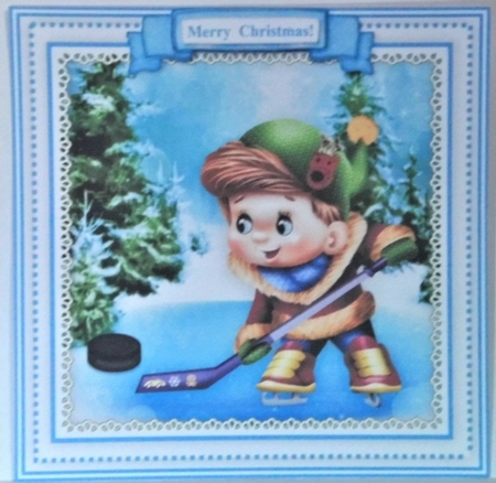 Christmas Ice Hockey Boy - Square Card Topper With Family Greetings Tags by Hazel Underwood