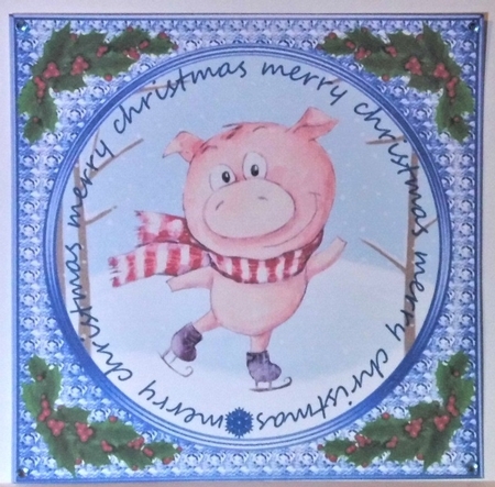 3 Ice skating pig card fronts/toppers 1 by Hazel Underwood