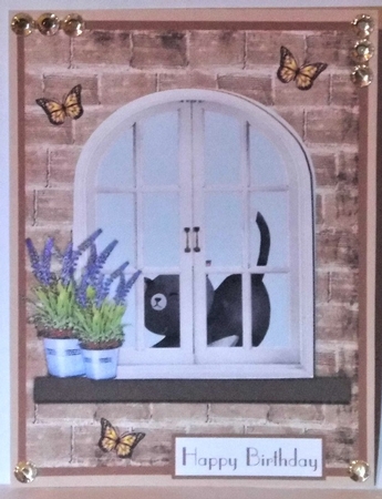 Birthday greeting card with a cat at the window and lavender flowers by Hazel Underwood