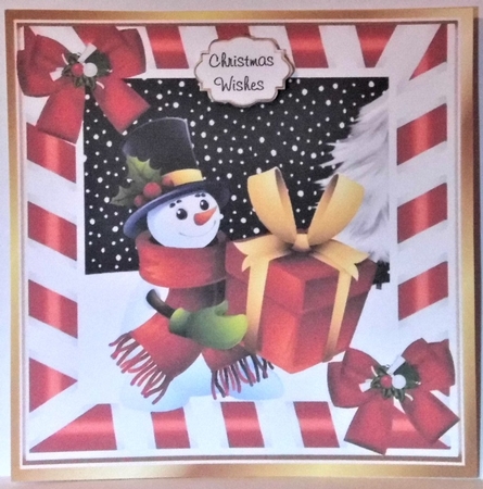 Snowman with present and red bows 8x8 by Hazel Underwood