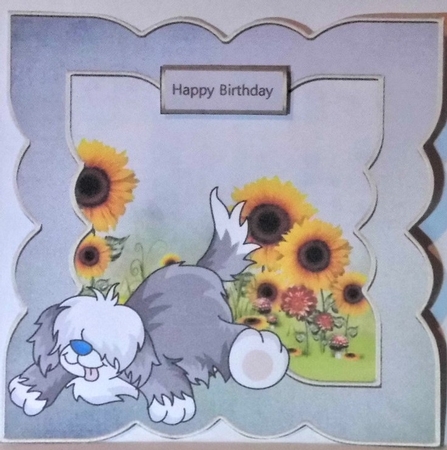 Shaggy dog and sunflowers shaped 6x6 card by Hazel Underwood