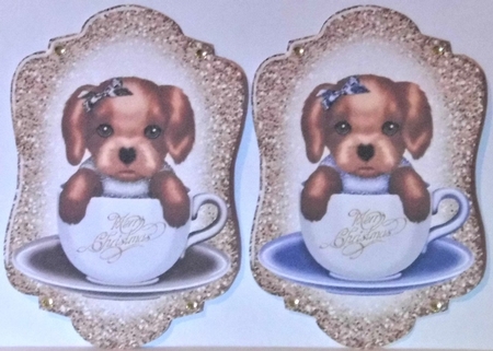 4 Gold Christmas pup in teacup toppers by Hazel Underwood