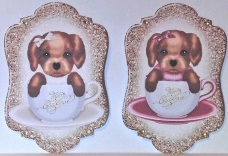 4 Gold Christmas pup in teacup toppers by Hazel Underwood