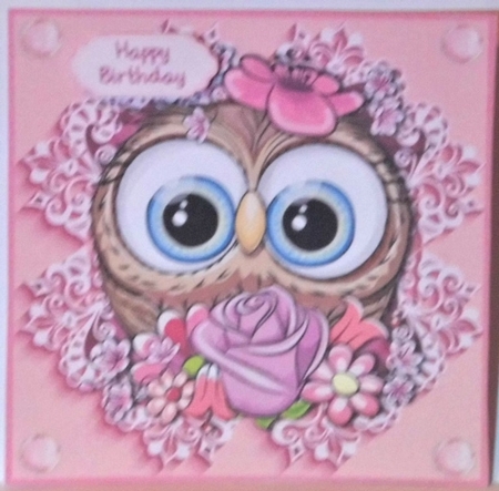 Pretty In Pink Flowers Blue eyed owl 6x6 by Hazel Underwood