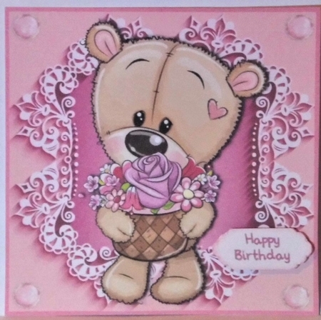 Pretty In Pink Flowers Bear With A Basket 6x6 by Hazel Underwood