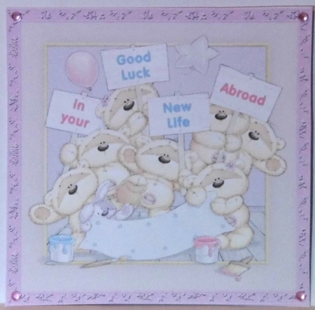 300dpi 6x6ins Topper & decoupage-Teddies and banner- Good luck in your new life abroad, female/male Featured Gallery Photo