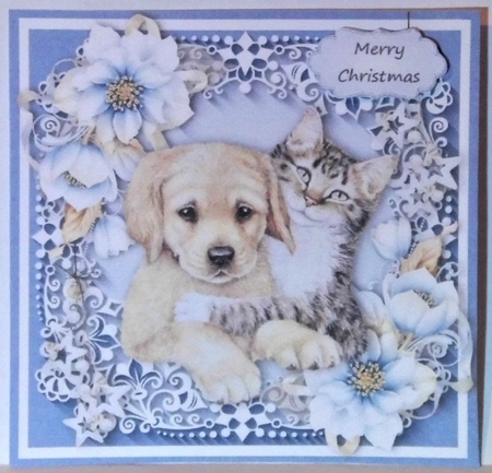 Gorgeous Brown Dog & Cat With Blue Festive Flowers 6x6 by Hazel Underwood