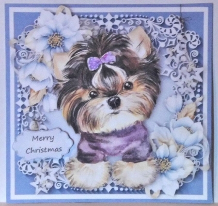 Gorgeous Yorkshire Terrier With Blue Festive Flowers 6x6 by Hazel Underwood