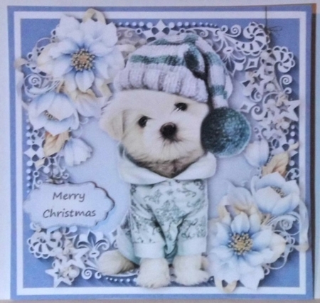 Gorgeous Dog In A Bobble Hat  With Blue Festive Flowers 6x6 by Hazel Underwood