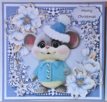Gorgeous Mouse In A Bobble Hat  With Blue Festive Flowers 6x6 by Hazel Underwood