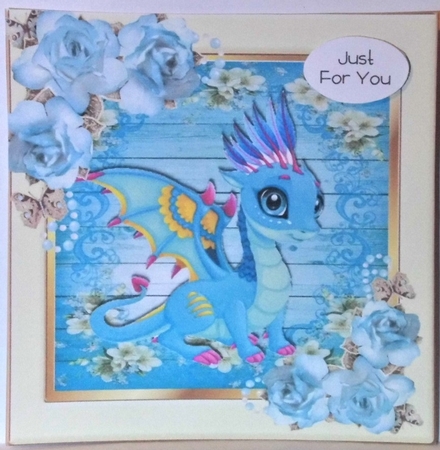 pretty floral frame with cute turq dragon  8x8 by Hazel Underwood