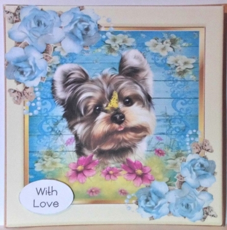 pretty floral frame with cute yorkie puppy 8x8 by Hazel Underwood
